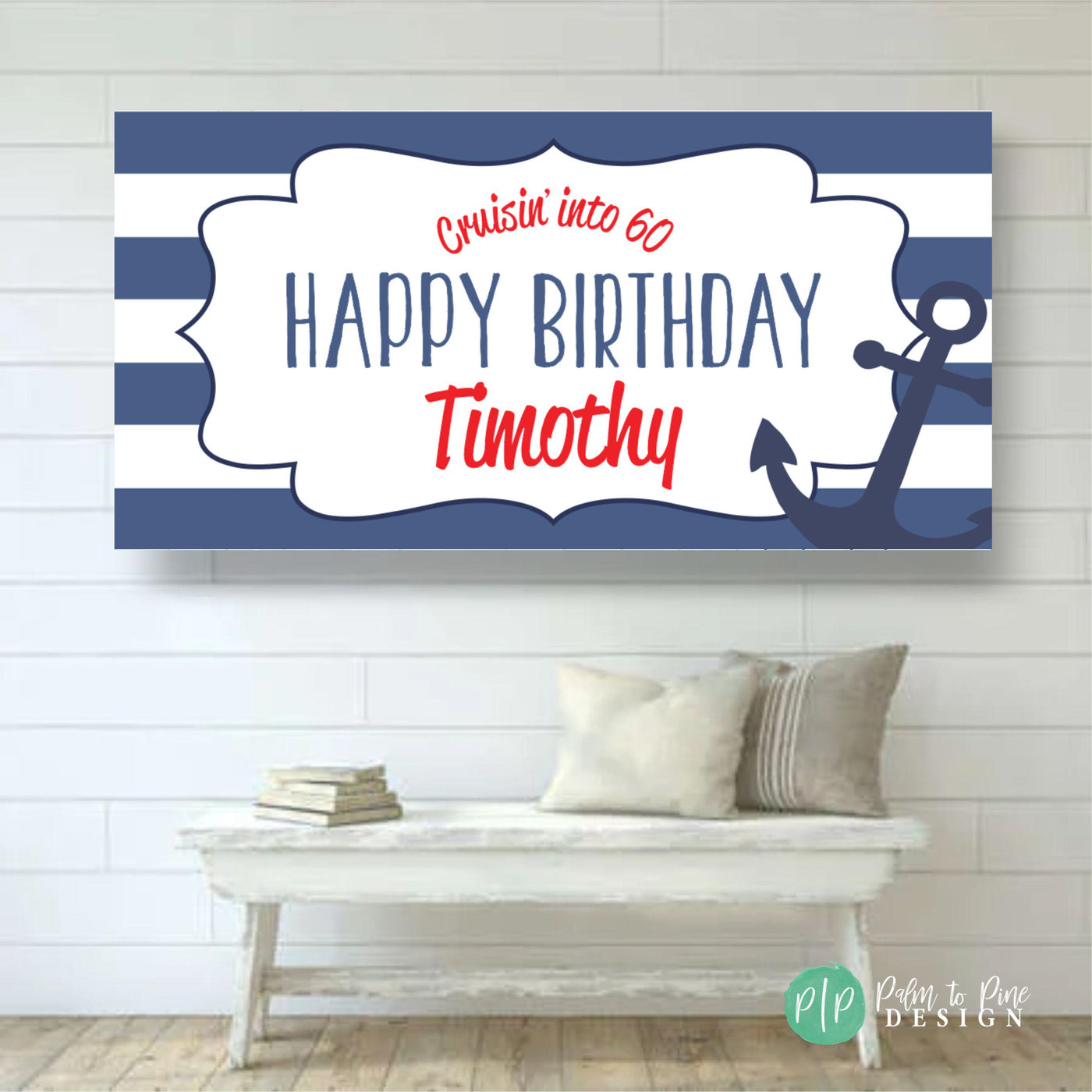 Nautical Birthday Banner, Happy birthday Personalized Banner, Custom Nautical Banner, Cruise Birthday Party Backdrop, Red and Blue Boat Sign