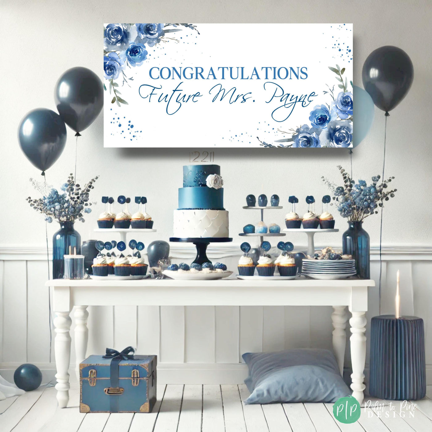 Floral Blue Bridal Shower Banner, Blue Rose Party Banner, Floral Engagement Party Sign, Womens Birthday Banner, Bridal Shower Party Decor