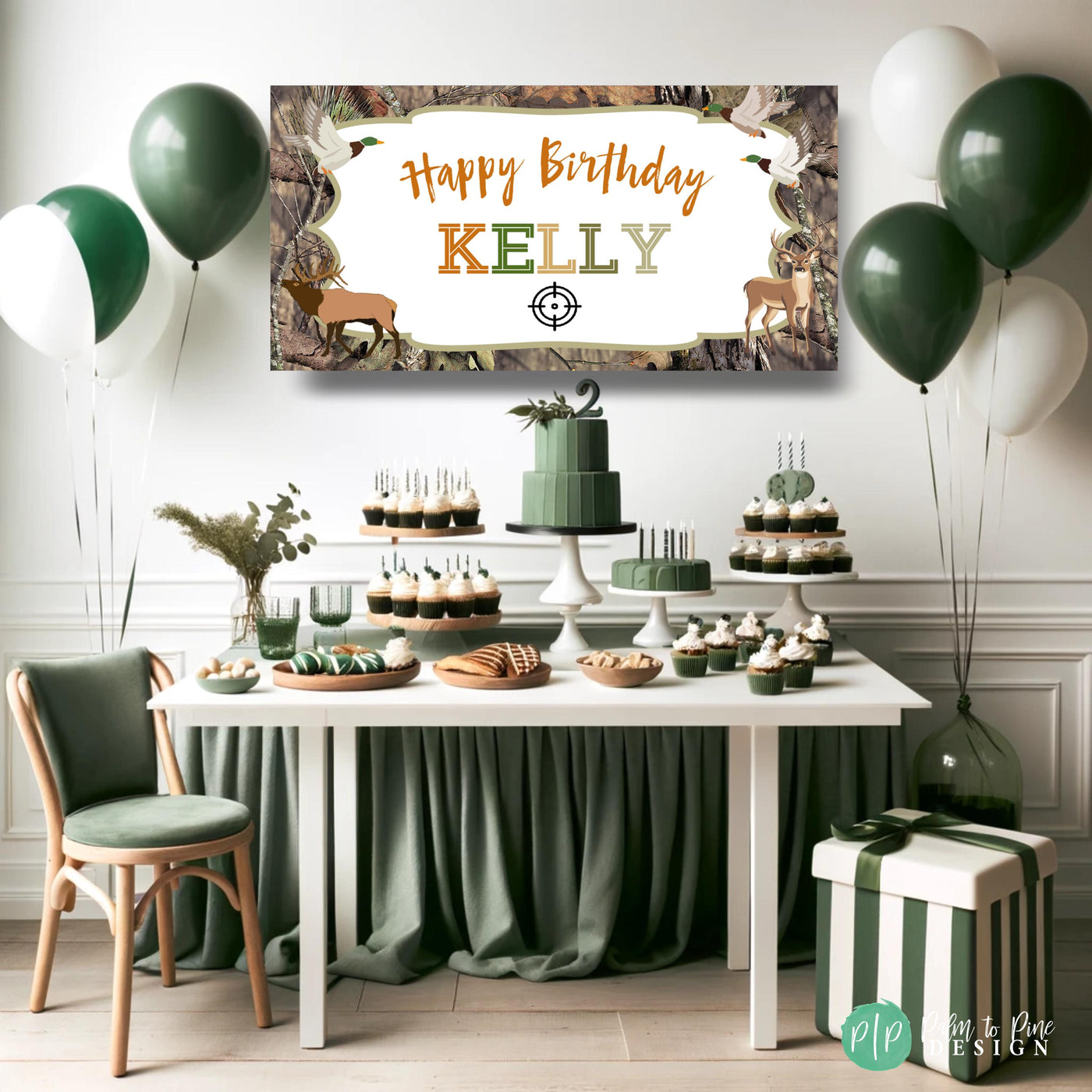 Oh deer personalized birthday banner for parties in front of hunter green dessert table