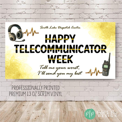 Appreciation banner featuring &quot;Happy Telecommunicator Week&quot; in bold black text with a thin gold line accent. Includes a dispatcher headset, a two-way radio, heartbeat lines, and a quote: &quot;Tell me your worst, I&#39;ll send you my best.&quot;