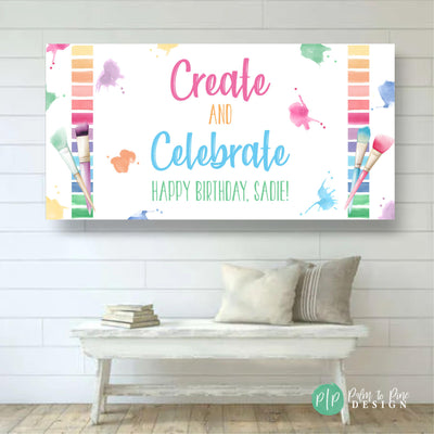 art party girls custom birthday banner with rainbow color pallet and paint brush clipart
