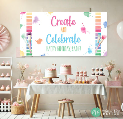 girls custom birthday art party banner with rainbow color pallet and paintbrush clipart