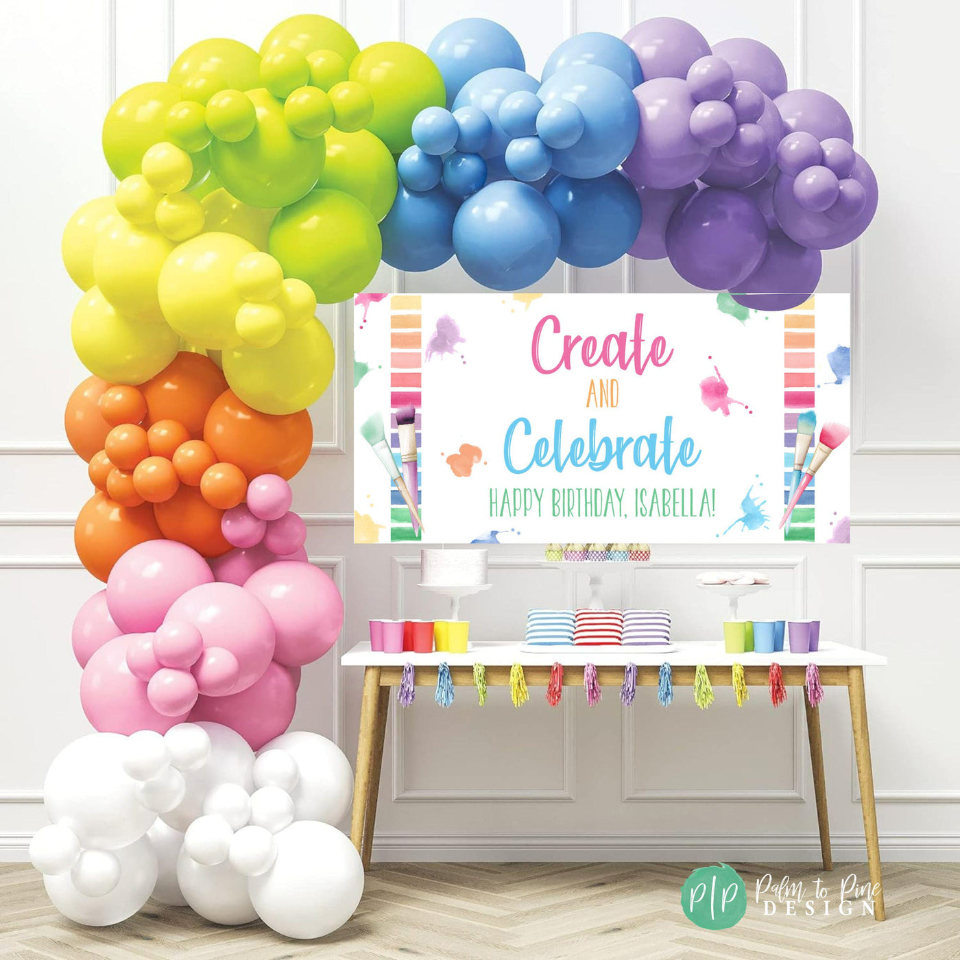 art birthday party personalized backdrop with rainbow color pallet