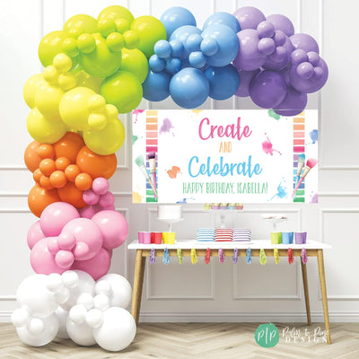 art birthday party personalized backdrop with rainbow color pallet