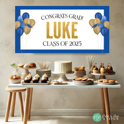 Elegant blue and gold graduation party banner featuring &quot;Class of 2025&quot; and &quot;Congrats Grad&quot; in bold lettering. Accented with floating balloons and graduation caps for a festive touch.