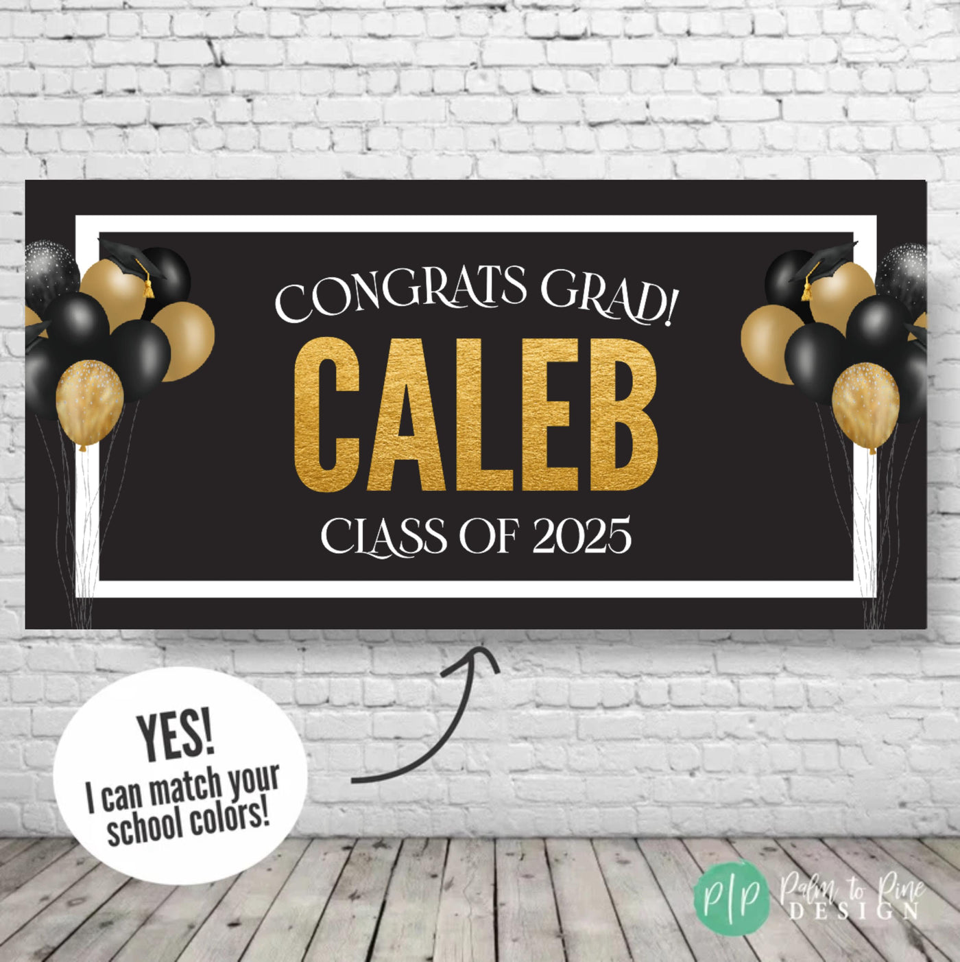 black and gold graduation banner featuring &quot;Congrats Grad&quot; and &quot;Class of 2025&quot; in bold lettering. The design includes festive balloons and graduation caps on the sides, creating a celebratory look. Perfect for graduation party decorations.