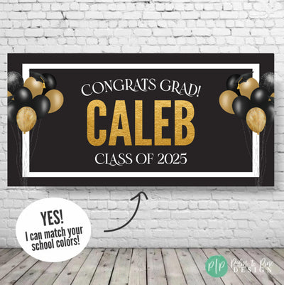 black and gold graduation banner featuring &quot;Congrats Grad&quot; and &quot;Class of 2025&quot; in bold lettering. The design includes festive balloons and graduation caps on the sides, creating a celebratory look. Perfect for graduation party decorations.