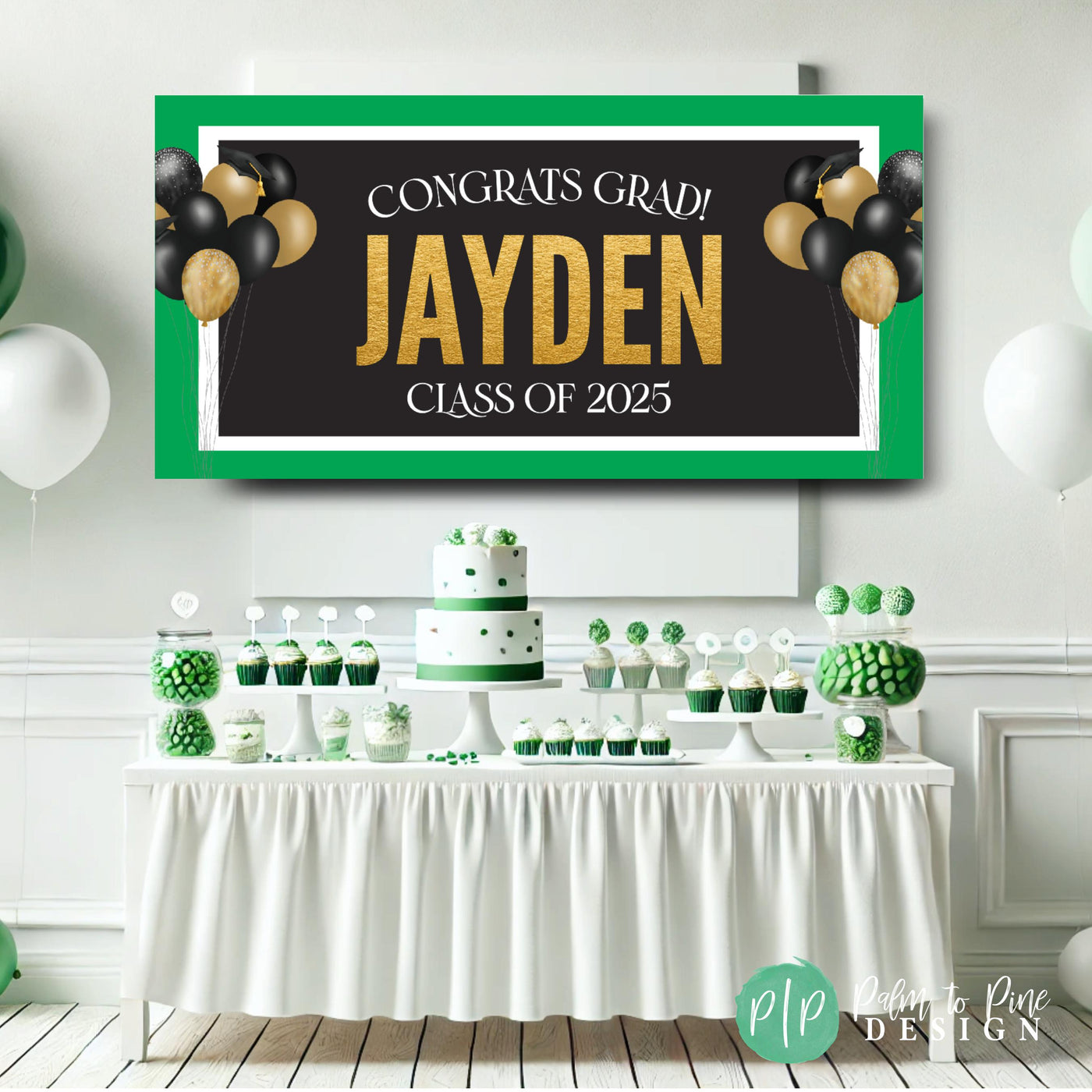 Graduation party banner in green, black and gold, featuring &quot;Congrats Grad&quot; and &quot;Class of 2025&quot; text. Designed with festive balloons and graduation caps to enhance any celebration.