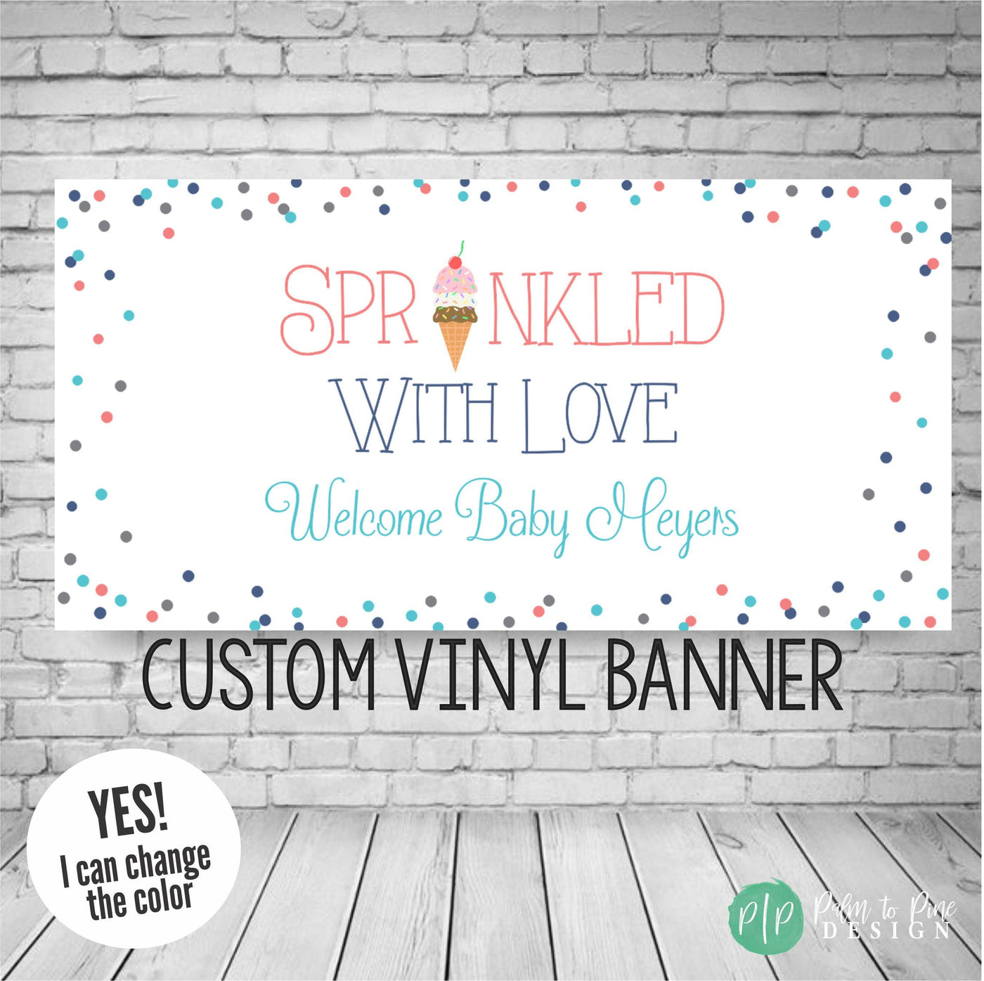 Sprinkled with Love Baby Shower Welcome Banner featuring a cute ice cream cone and pastel blue and pink sprinkles, perfect for a sweet celebration