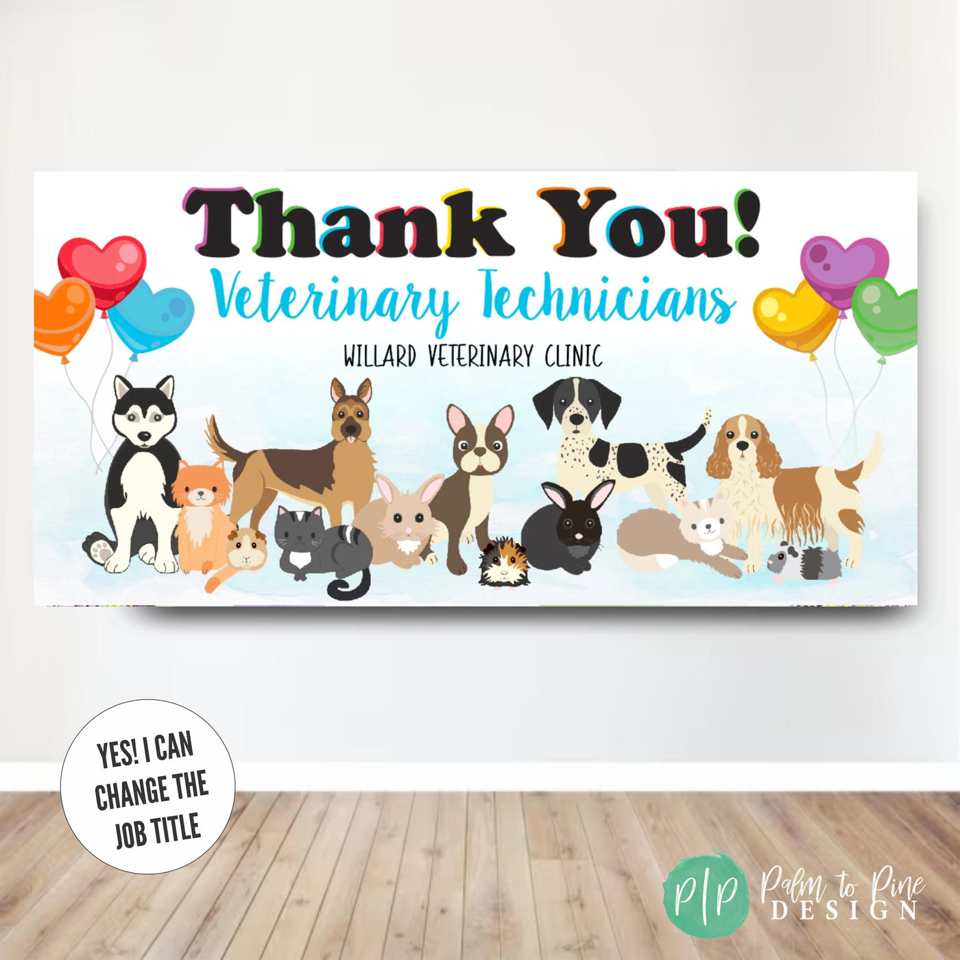 Veterinary Technician Appreciation Banner with dogs, cats, guinea pigs and rabbits holding rainbow colored balloons