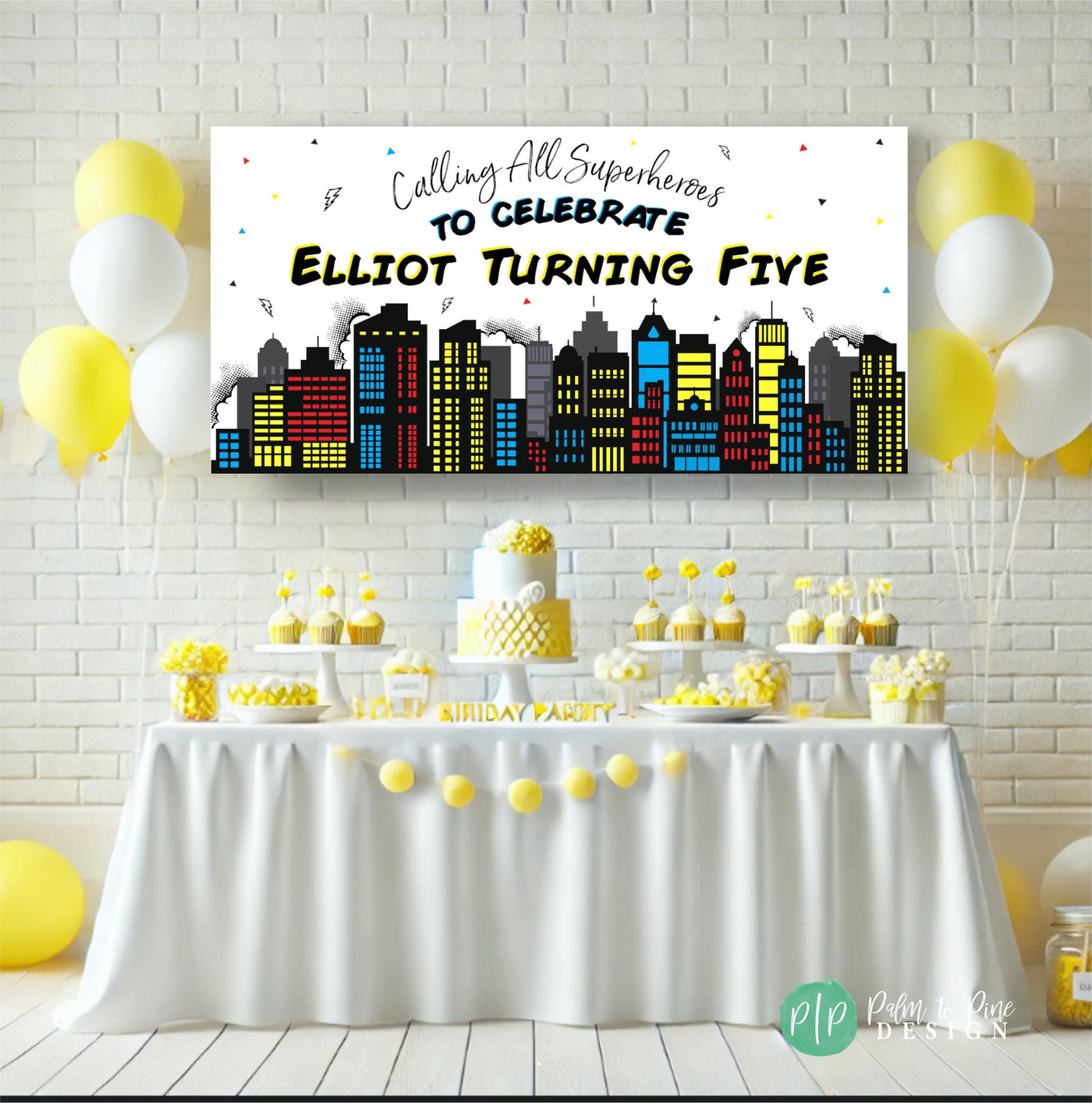 Superhero themed birthday with personalized banner and a yellow and white dessert table