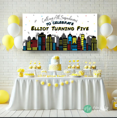 Superhero themed birthday with personalized banner and a yellow and white dessert table