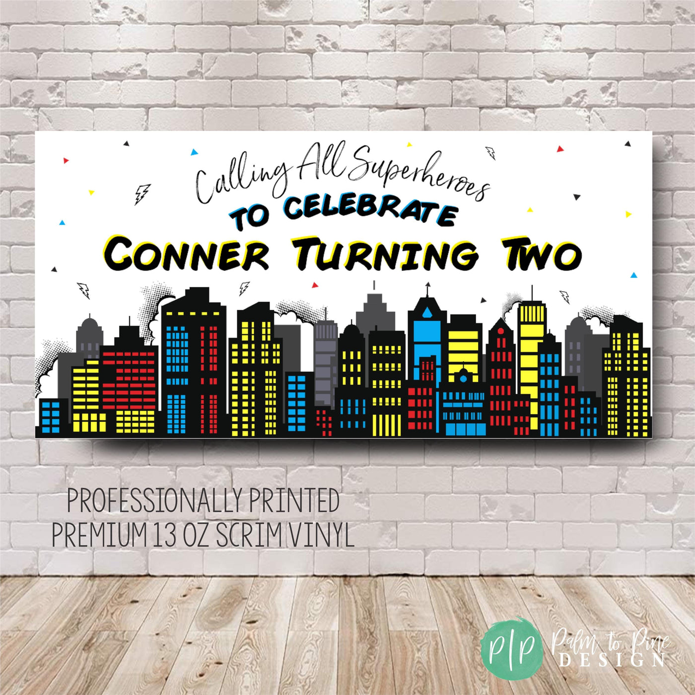 calling all super heros birthday banner with comic book inspired city skyline