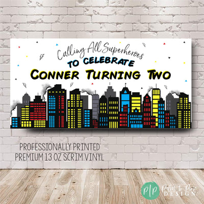 calling all super heros birthday banner with comic book inspired city skyline