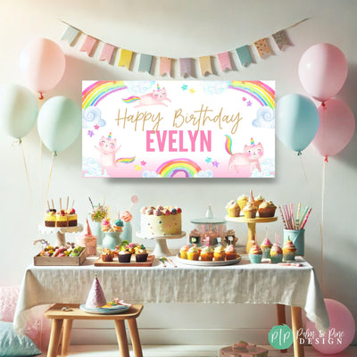 kittycorn girls custom birthday banner with rainbows, clouds, starts and unicorn cats