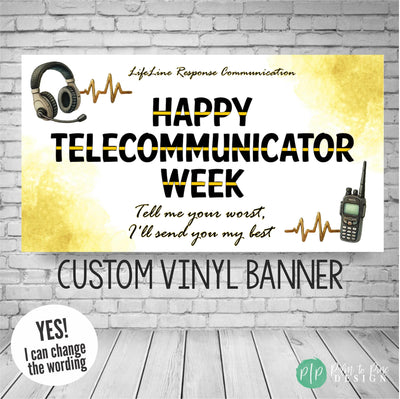 Telecommunicator Week Tribute Graphic – A white background with gold watercolor accents displaying &quot;Happy Telecommunicator Week.&quot; Features emergency communication tools like a headset and radio, along with an inspiring quote.