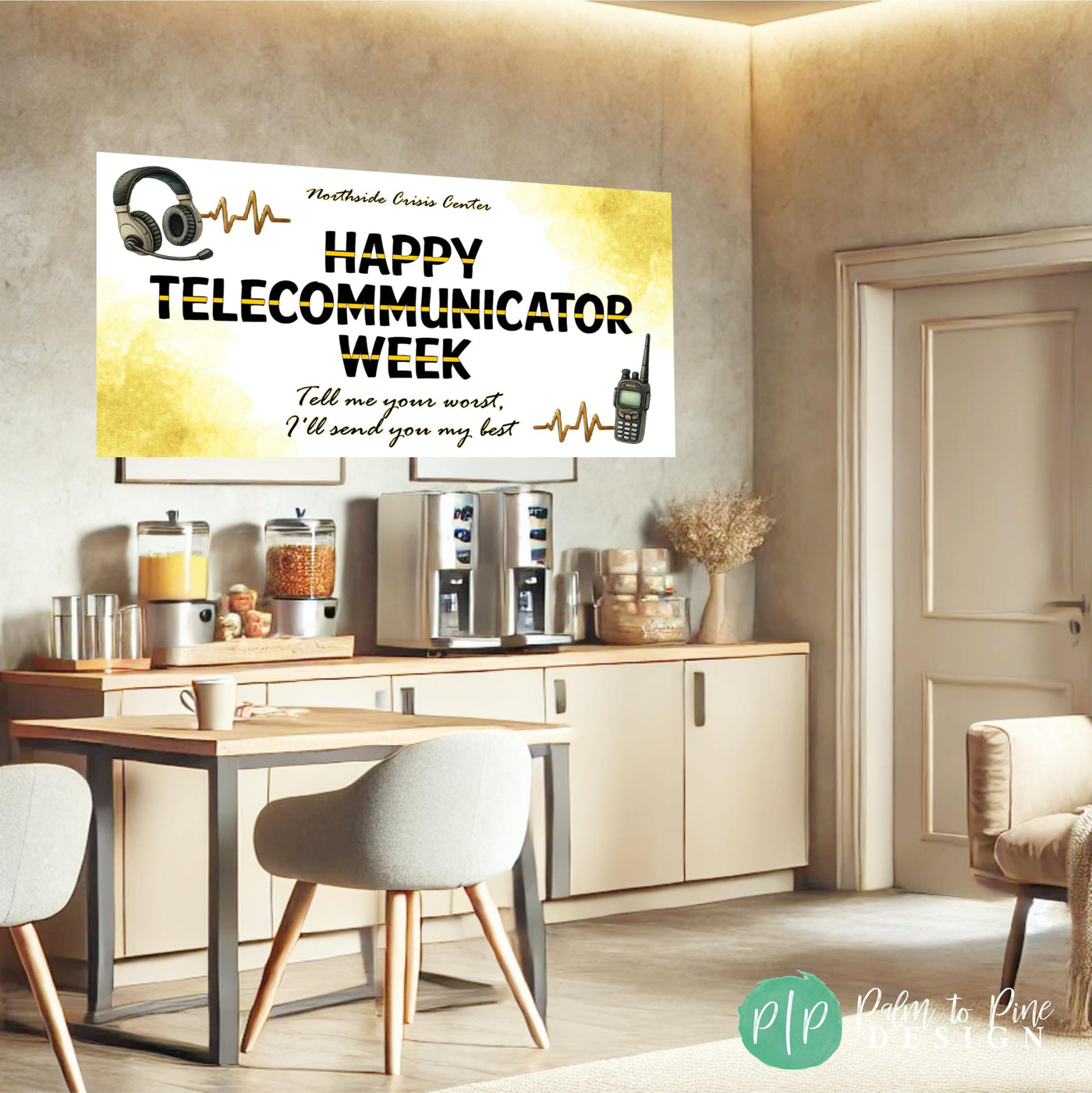 Emergency Dispatcher Appreciation Graphic – A stylish design honoring telecommunicators with emergency communication equipment, gold heartbeat lines, and the phrase &quot;Tell me your worst, I&#39;ll send you my best&quot; in lobby