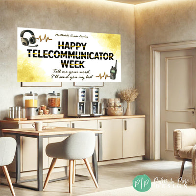 Emergency Dispatcher Appreciation Graphic – A stylish design honoring telecommunicators with emergency communication equipment, gold heartbeat lines, and the phrase &quot;Tell me your worst, I&#39;ll send you my best&quot; in lobby