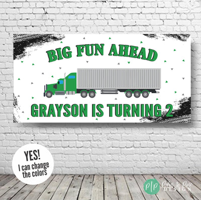 Semi Truck Party Birthday Banner with green 18 wheeler truck, personalized with boys name and age