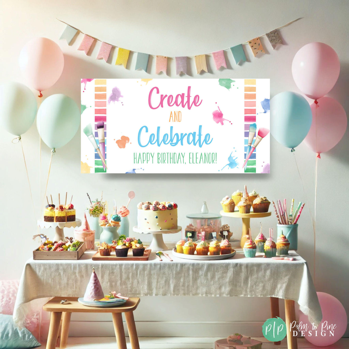 create and celebrate art birthday party banner for girls with paintbrush clipart