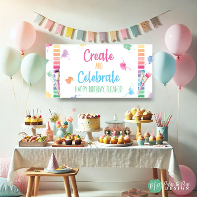 create and celebrate art birthday party banner for girls with paintbrush clipart