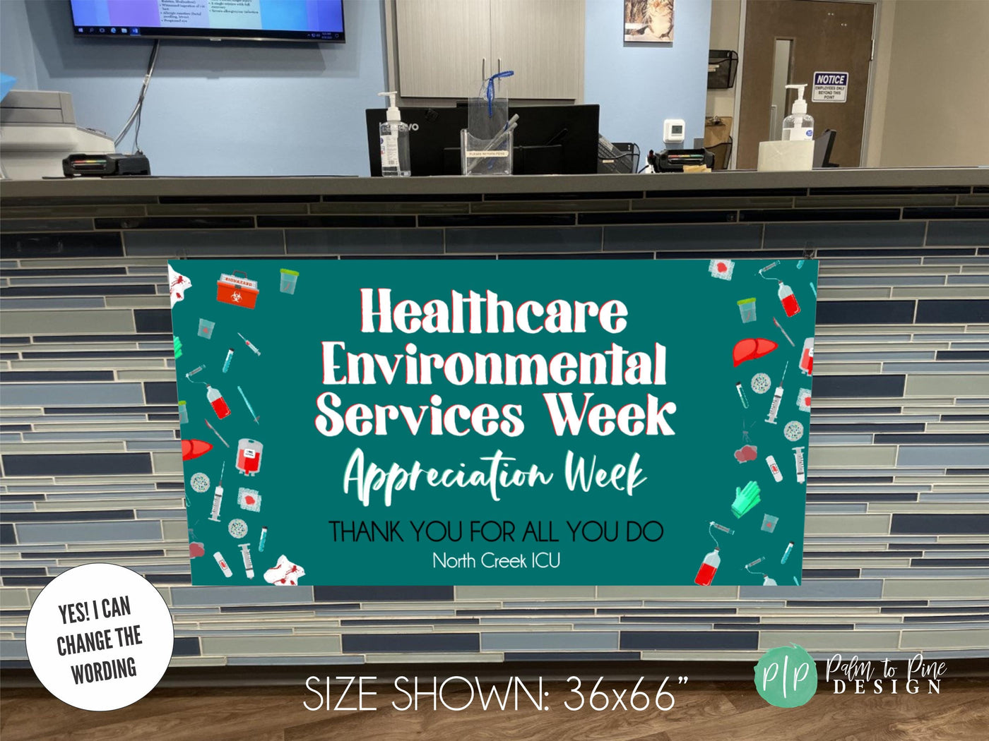 appreciation banner for Healthcare Environmental Services Appreciation Week with medical waste around border on teal green background