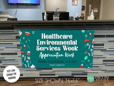 appreciation banner for Healthcare Environmental Services Appreciation Week with medical waste around border on teal green background