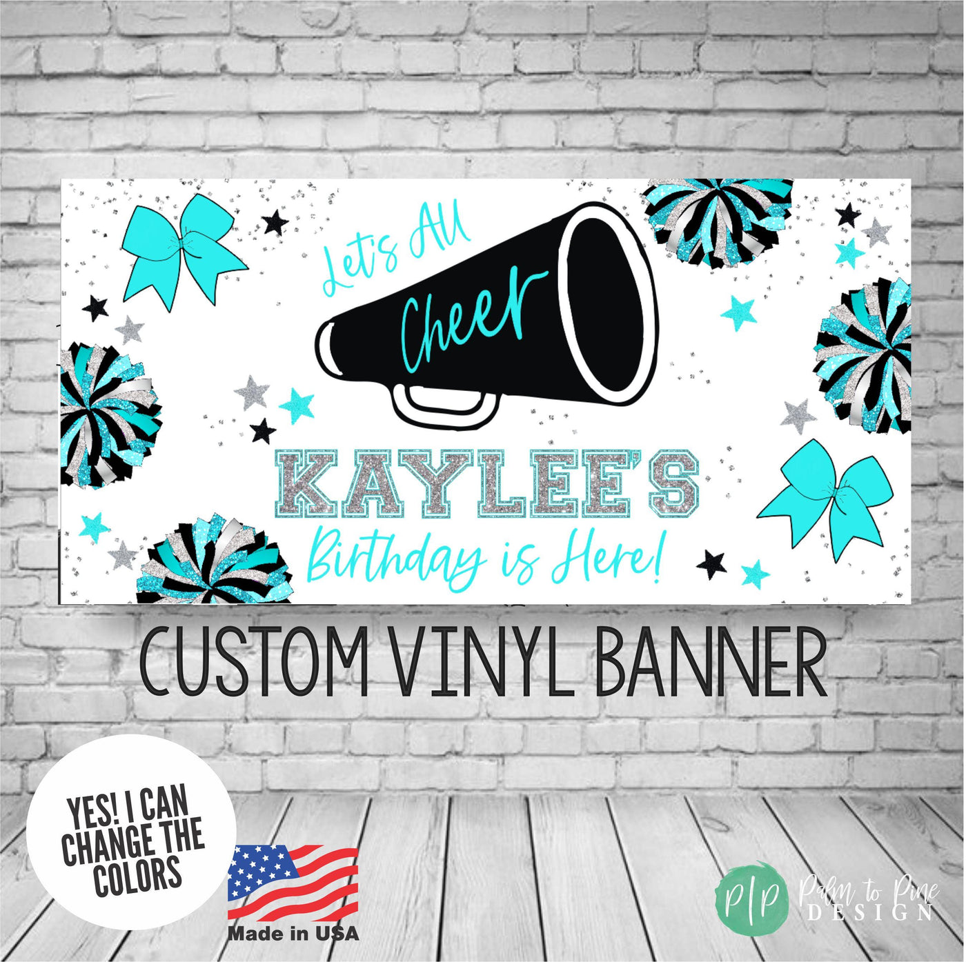 turquoise and black cheer sign with pom poms and megaphone clipart