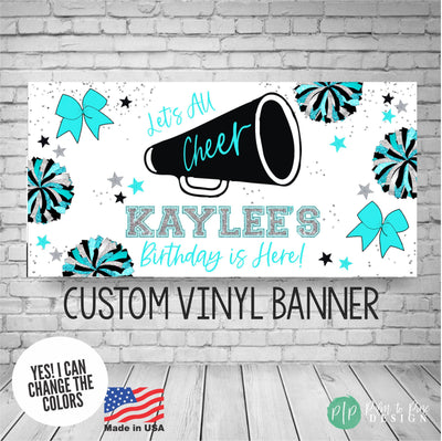 turquoise and black cheer sign with pom poms and megaphone clipart