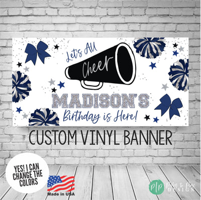 navy blue, silver and black cheerleading birthday banner personalized for girls