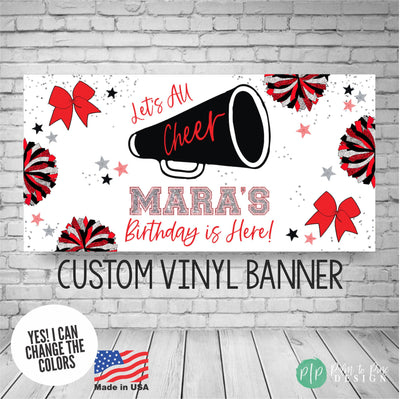 black, red and silver cheerleading birthday sign