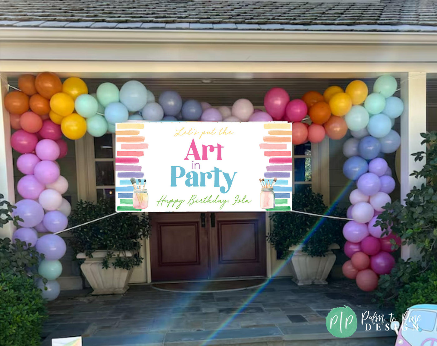 let&#39;s put the art in party birthday banner for art birthday theme with rainbow balloon garland