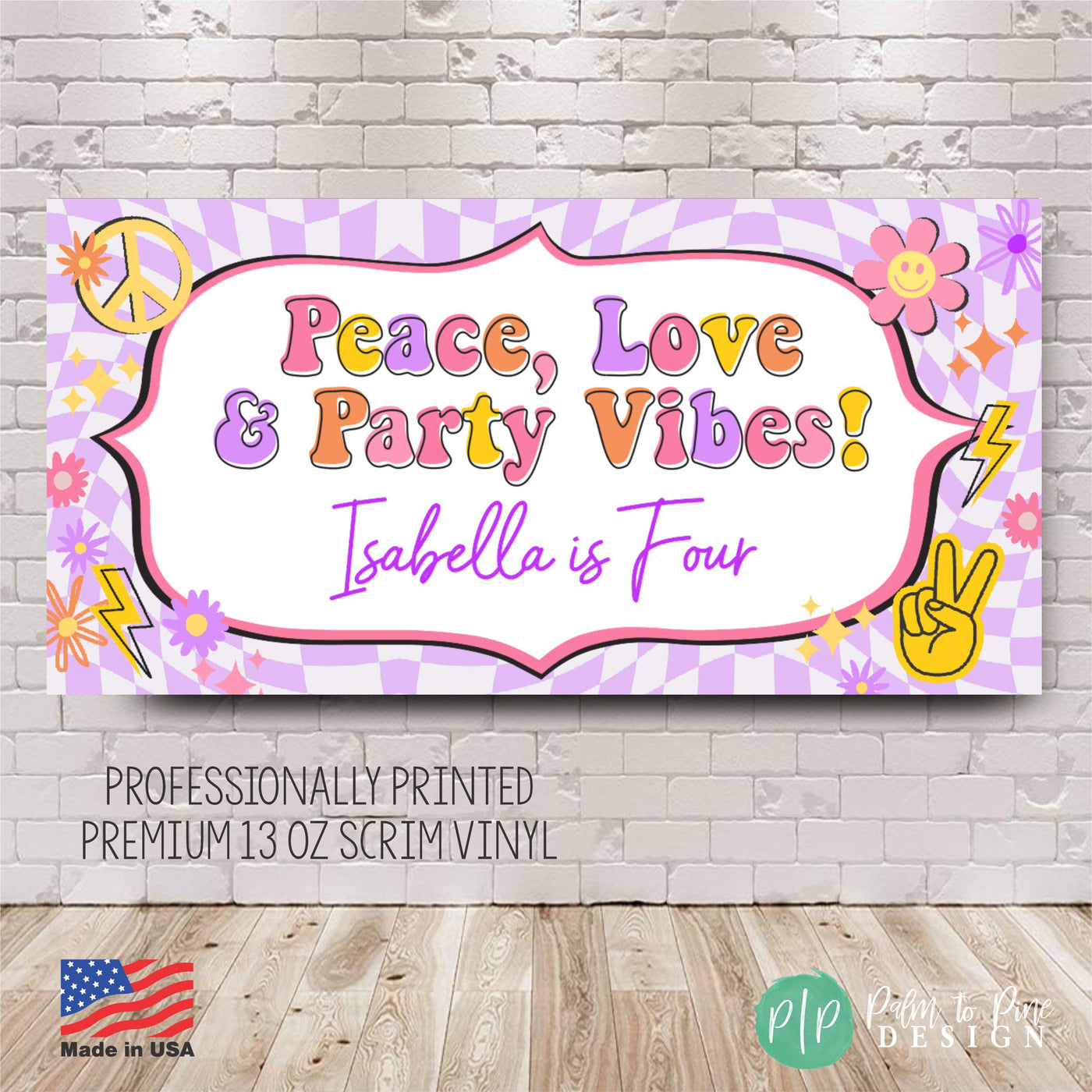 peace and love groovy birthday banner for girls, tweens or teens