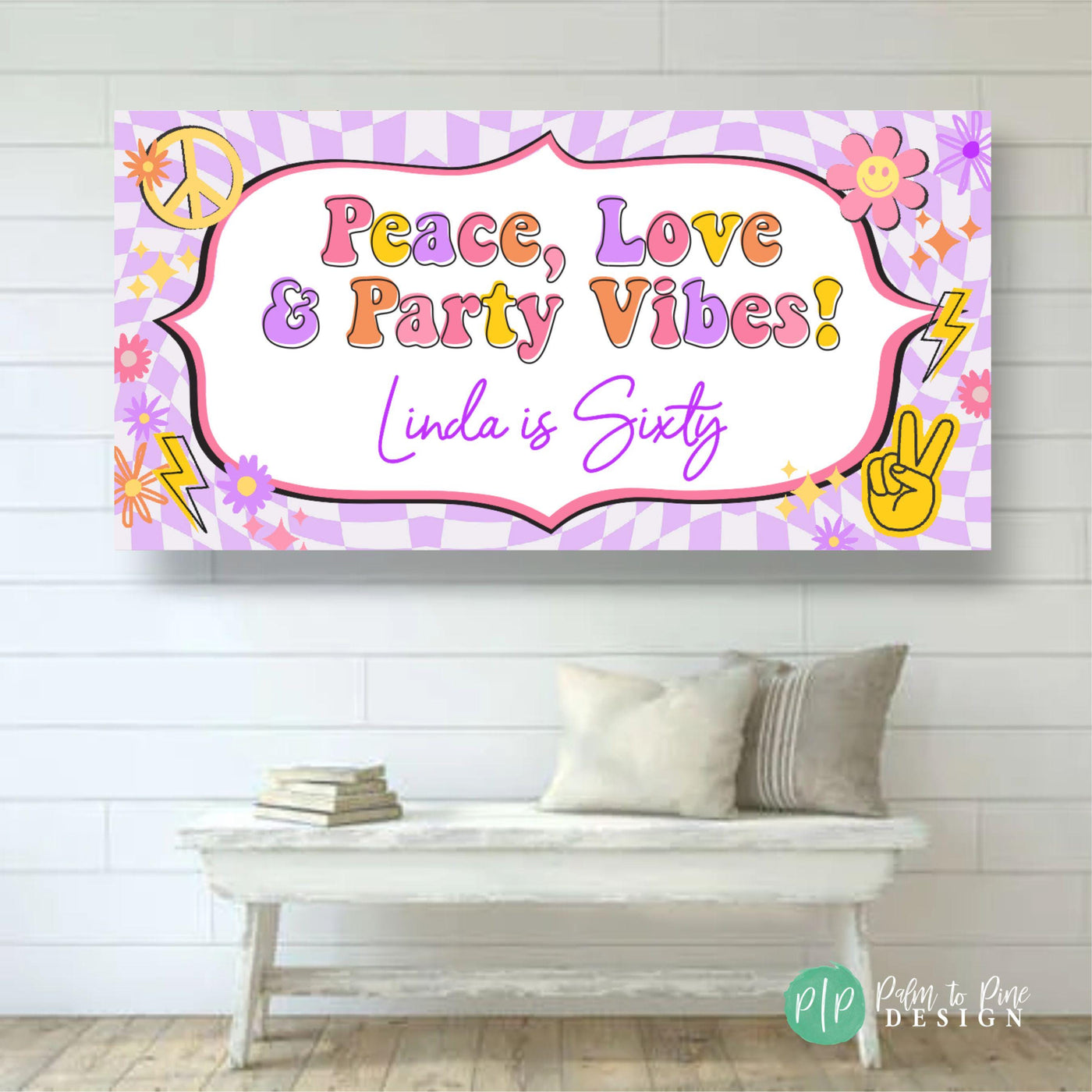 purple and pink groovy birthday banner for girls with retro clipart