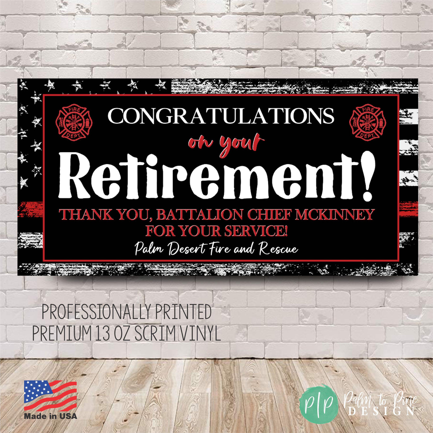 custom white black and red firefighter retirement banner