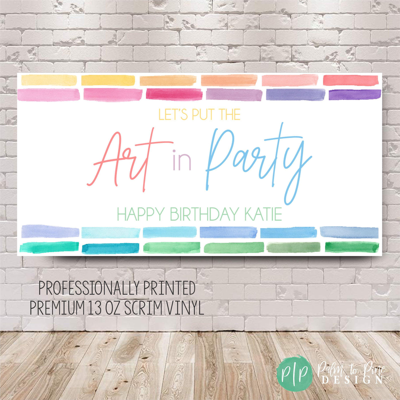 girls art birthday party banner with rainbow colors