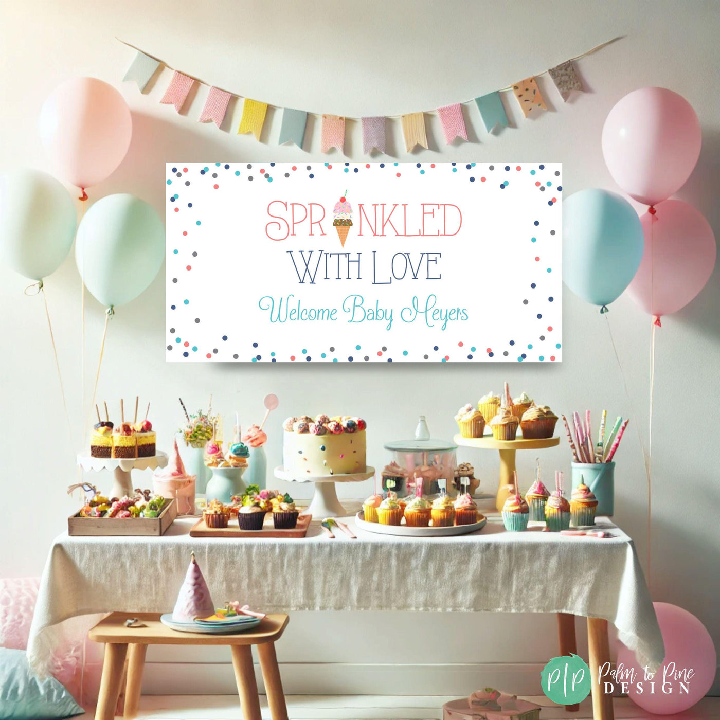 Pastel pink and blue ice cream-themed baby shower banner with ‘Sprinkled with Love’ message, ideal for welcoming guests to a baby shower party