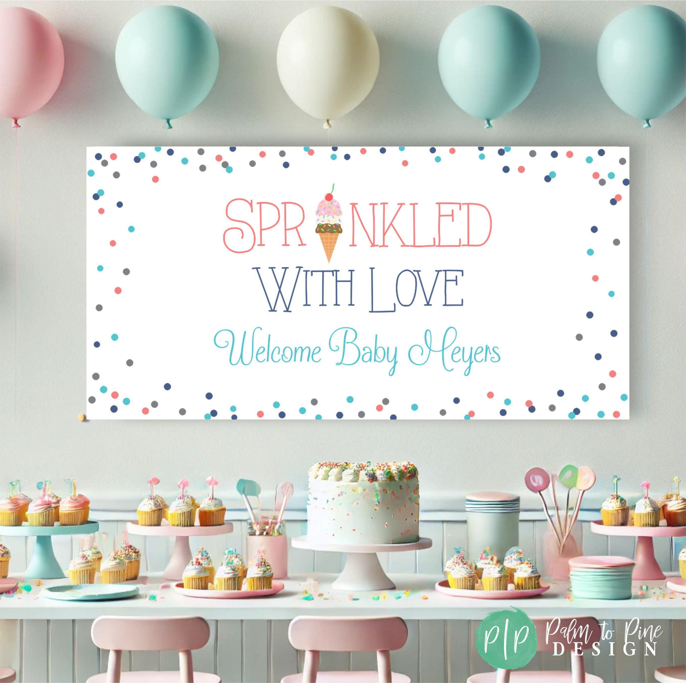 Sprinkled with Love’ baby shower banner displayed behind a dessert table filled with cupcakes, cookies, and sweet treats, creating a fun and festive backdrop