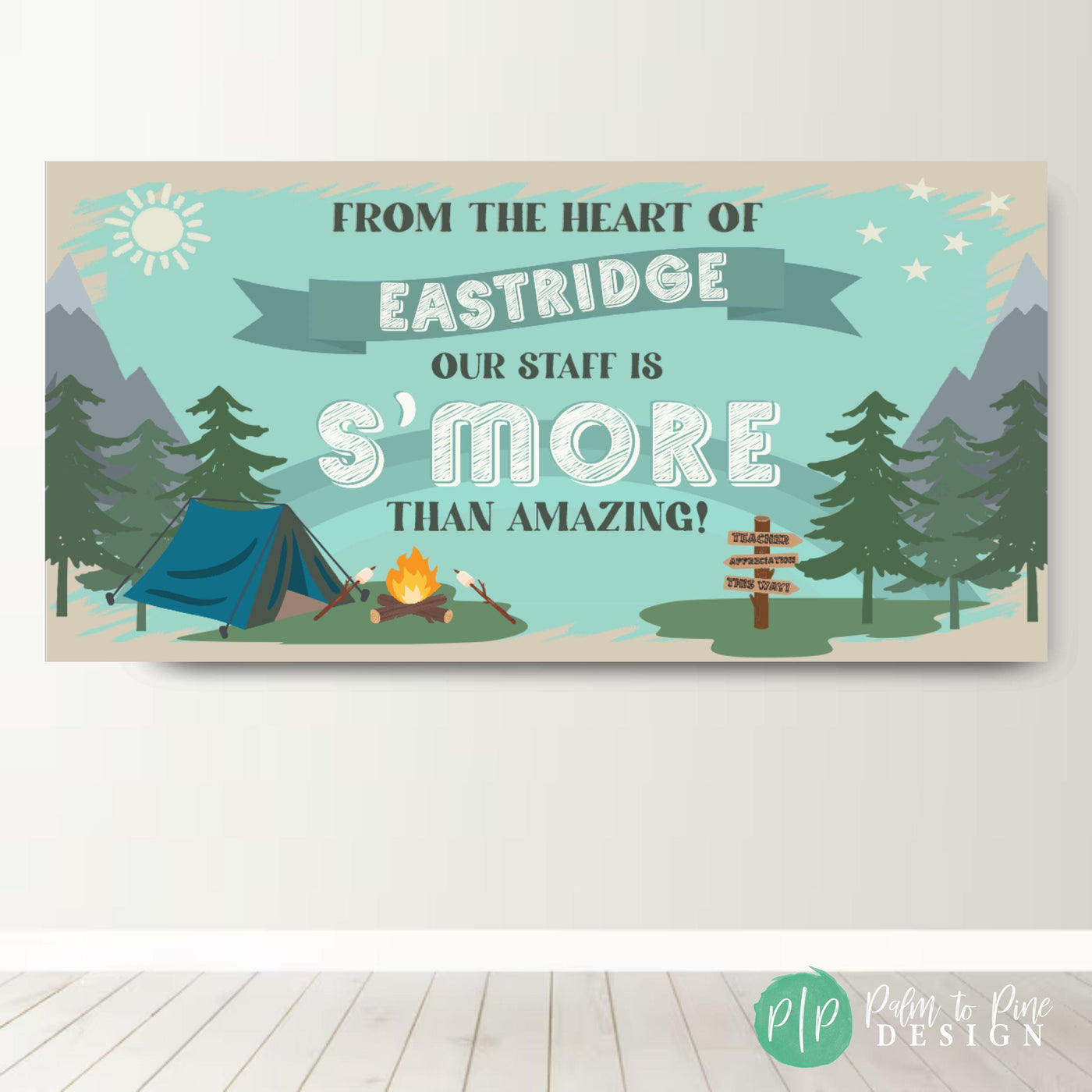 personalized teacher appreciation camping banner with tent, trees and campfire clipart