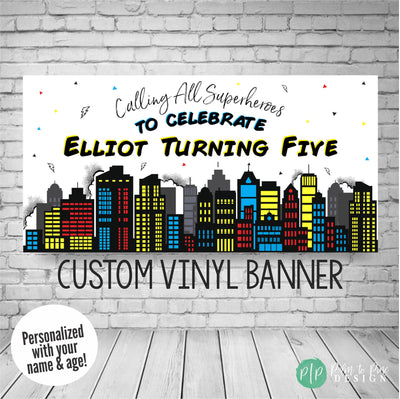 Superhero birthday Banner with City Skyline silhouette