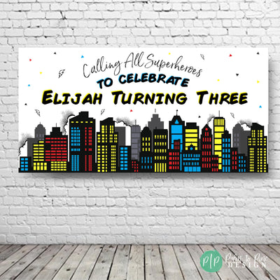 Superhero birthday banner with black silhouette comic book city skyline, red, blue and yellow buildings and lightening bolts