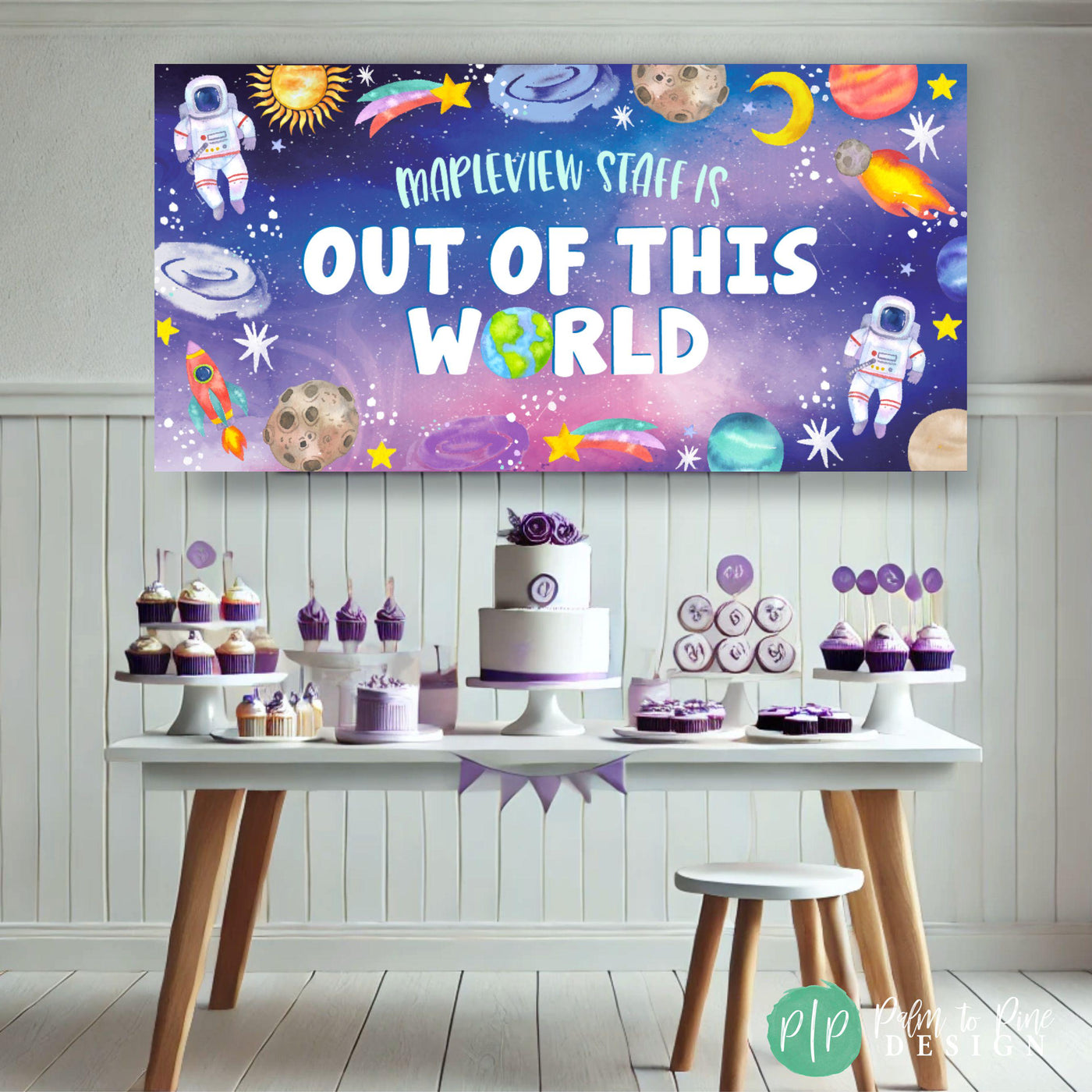 personalized teacher appreciation banner for school staff with outer space clipart in front of a dessert table