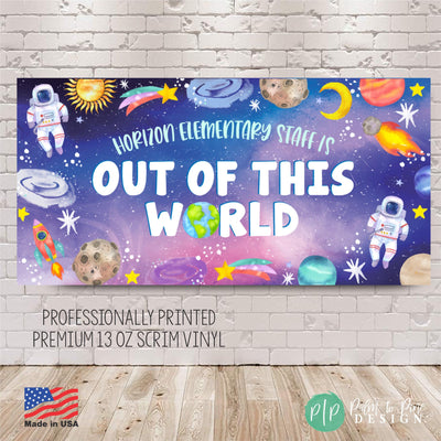 outer space themed teacher appreciation week banner with earth, stars planets and galaxy theme images