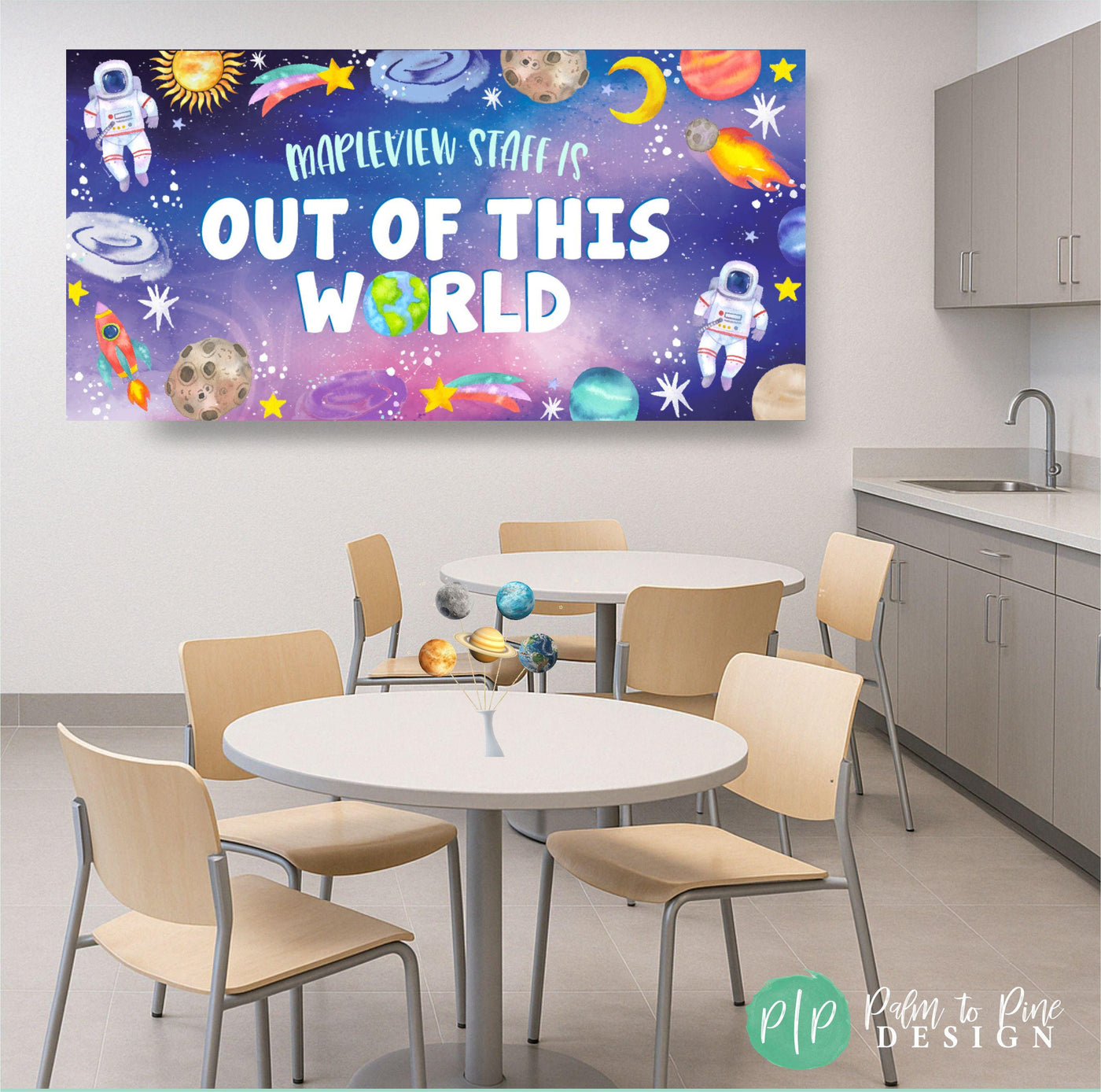Teacher and staff appreciation banner with a galaxy background, playful space elements like rockets, astronauts, and planets, and bold text reading &#39;Our Teachers and Staff Are Out of This World&#39;.