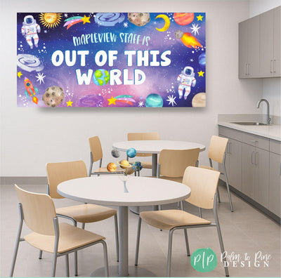 Teacher and staff appreciation banner with a galaxy background, playful space elements like rockets, astronauts, and planets, and bold text reading &#39;Our Teachers and Staff Are Out of This World&#39;.