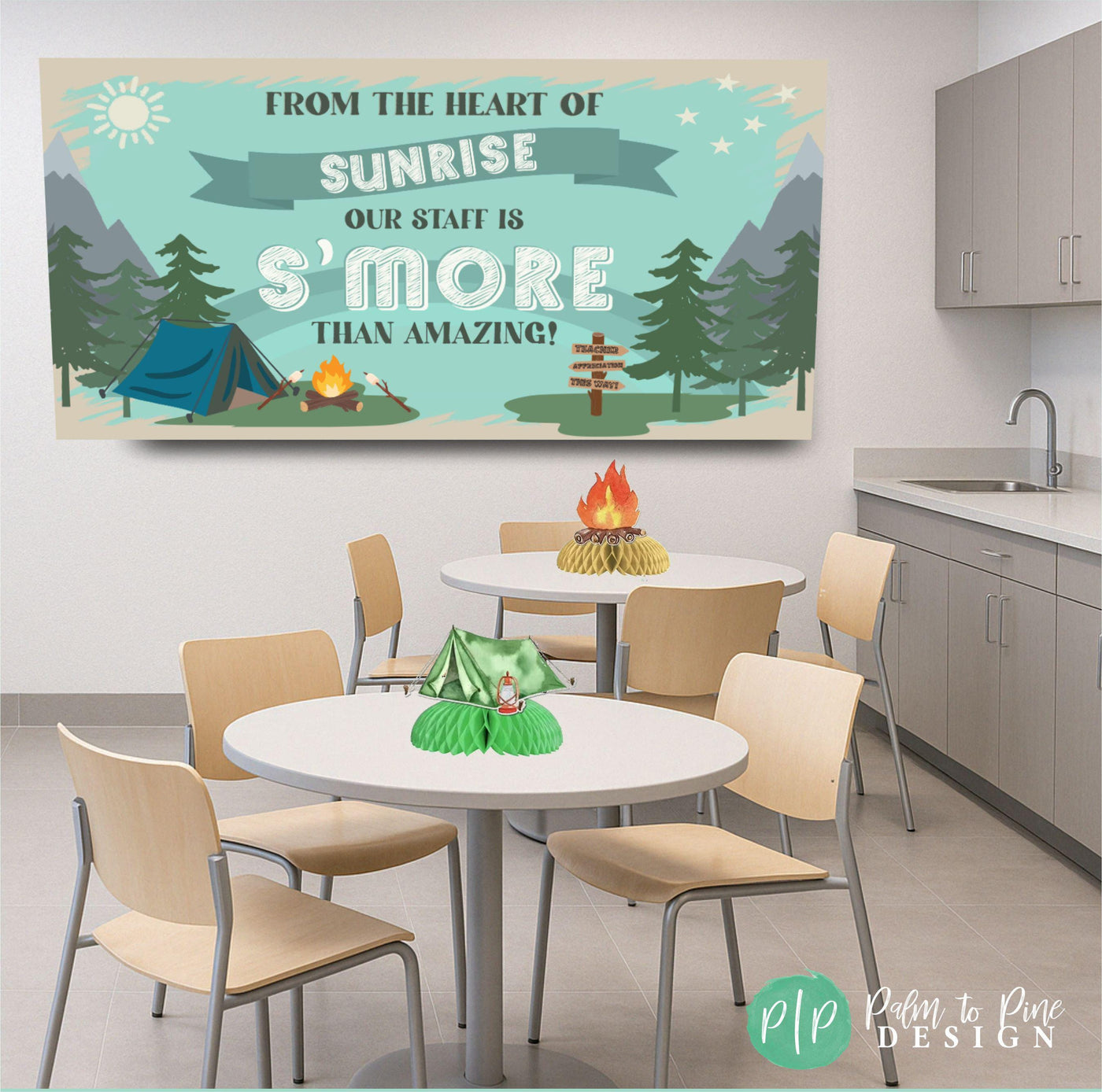 A teacher appreciation week banner with a camping theme that reads &#39;From the Heart of (school name)—You’re S’more Than Amazing!&#39; Featuring s’mores, marshmallows, and cozy outdoor graphics, perfect for a camping themed staff break room or appreciation event