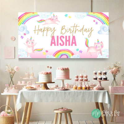 white backdrop with rainbows, whimsical stars and clouds with kittycorn clipart