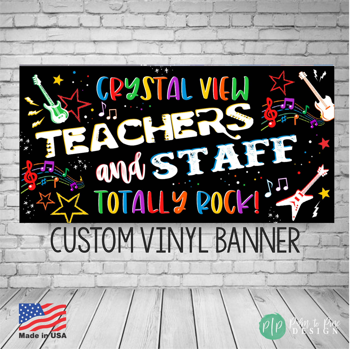 black background with vibrant rainbow coloring rock n roll teacher appreciation banner