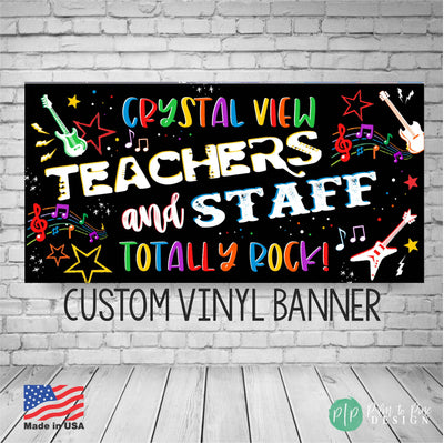 black background with vibrant rainbow coloring rock n roll teacher appreciation banner