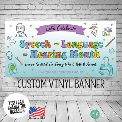 National Speech-Language-Hearing Month Appreciation Banner with SLP and audiology graphics and thank you message